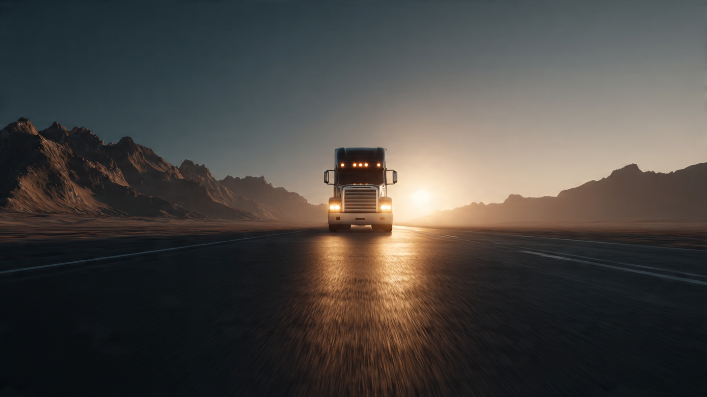 Autonomous semi truck driving on a desert highway at dawn