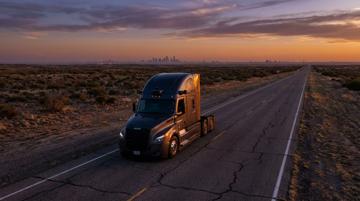 Autonomous semi truck on a Texas highway at dusk
