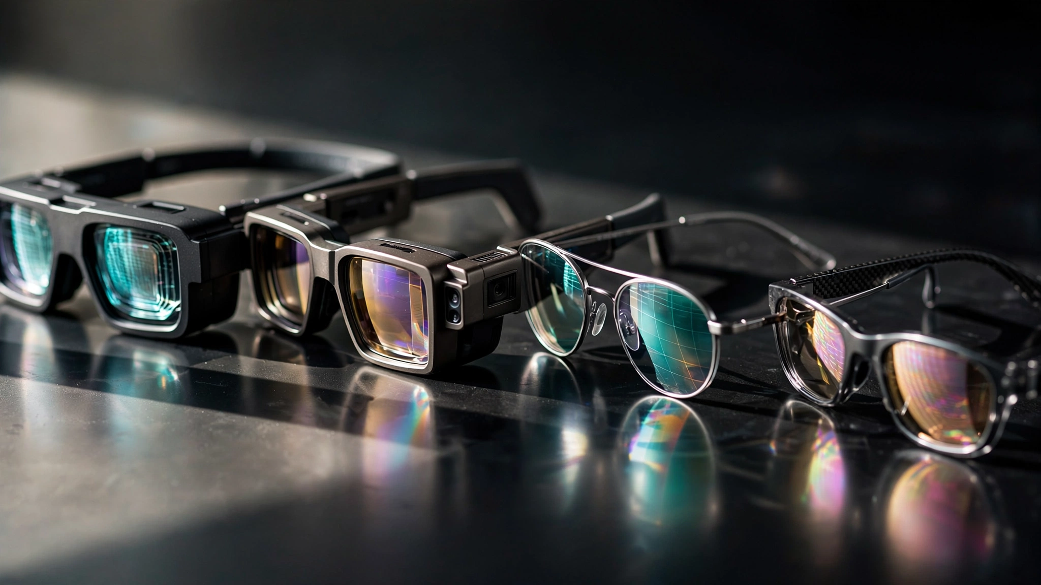 Several pairs of modern augmented reality smart glasses arranged on a dark reflective surface with holographic light refractions visible in the lenses