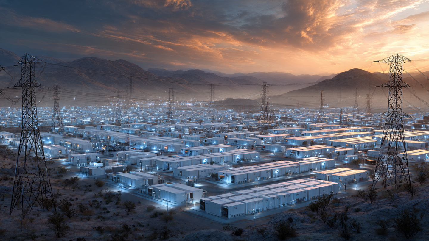 Rows of utility-scale battery containers in a desert setting at dusk, white enclosures with blue LED status indicators, high-voltage power lines overhead