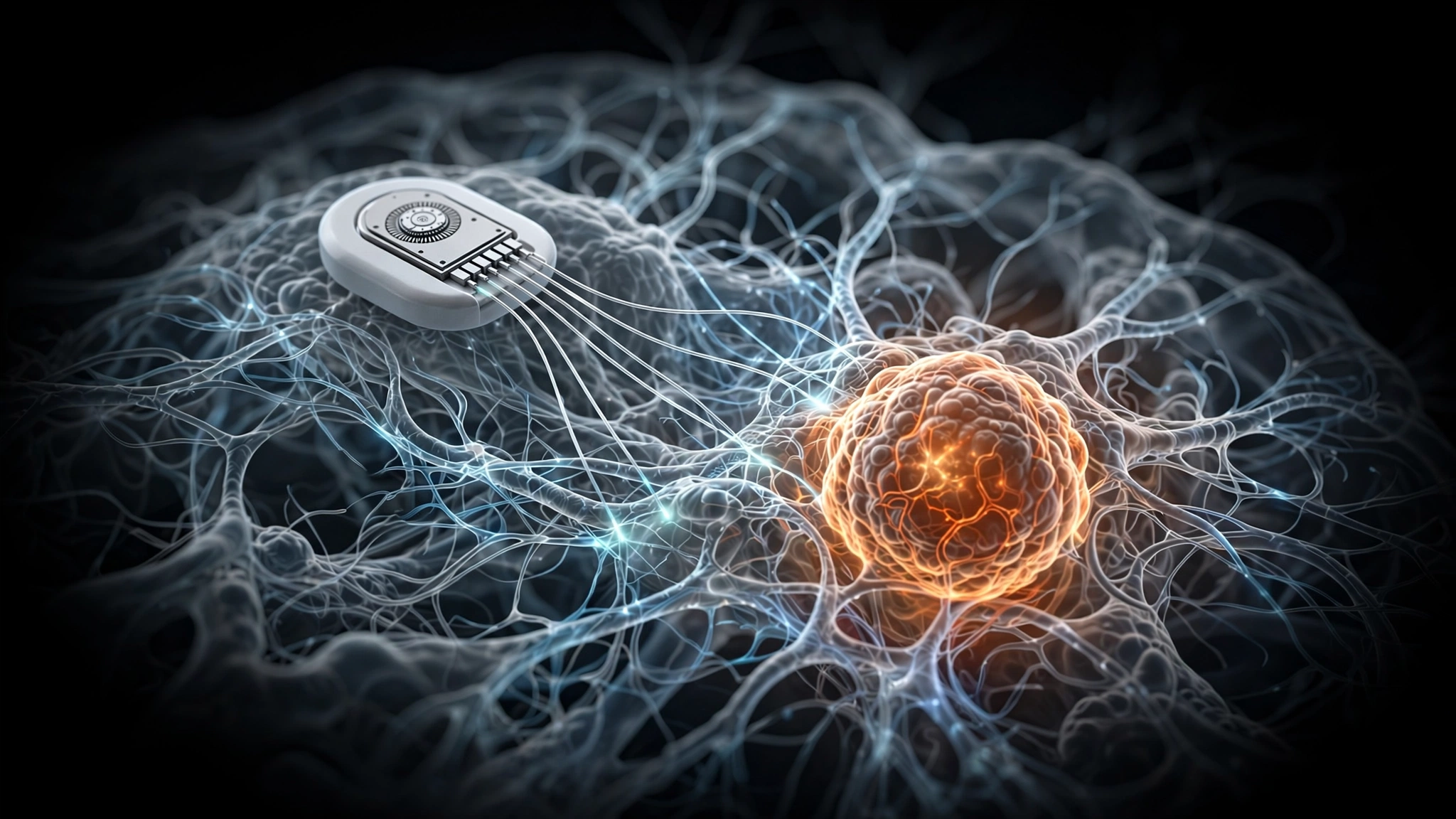 Conceptual illustration of a brain-computer interface implant with electrode threads extending into neural tissue near a tumor region