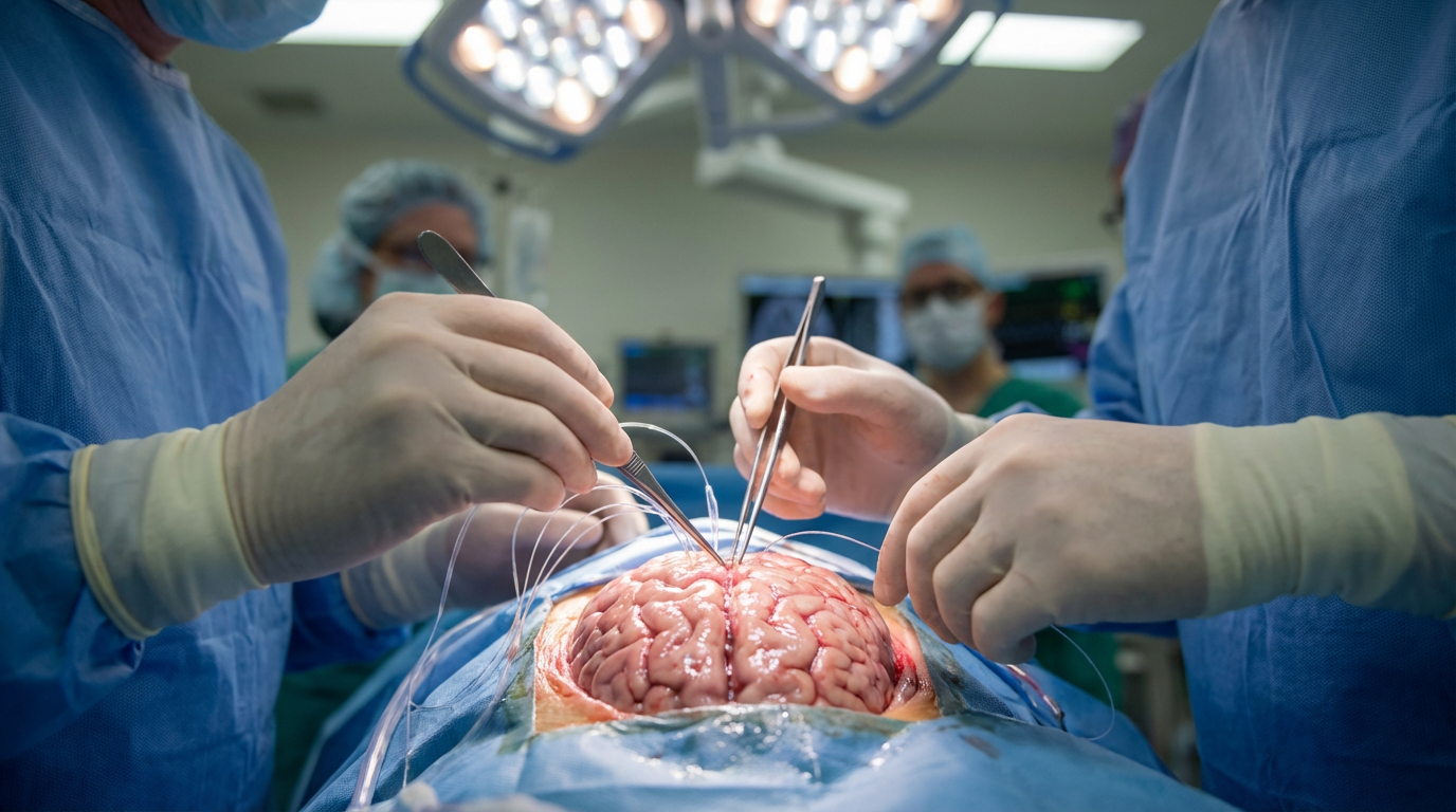 Neural electrode threads on brain cortex