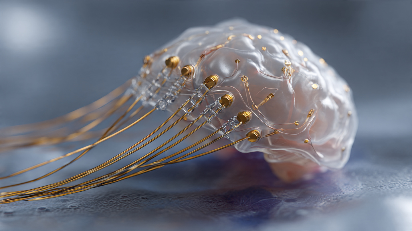 Close-up of a neural implant array with microelectrodes, superimposed over a faint QWERTY keyboard layout, clinical blue and white tones, photorealistic medical technology photography