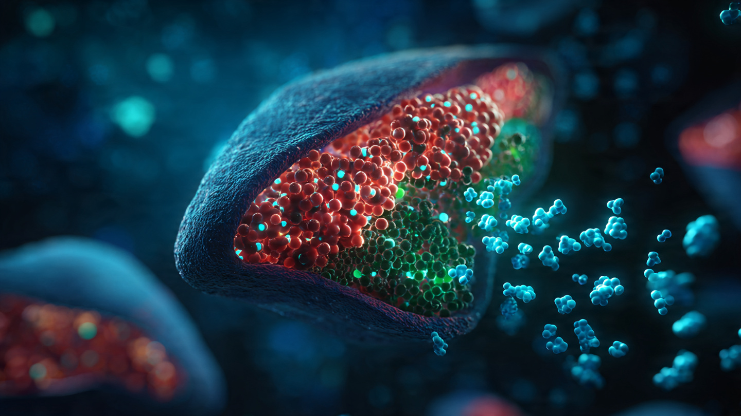 Molecular visualization of base editing machinery correcting a single DNA nucleotide inside a liver cell, with corrected protein molecules flowing into the bloodstream, dark scientific background