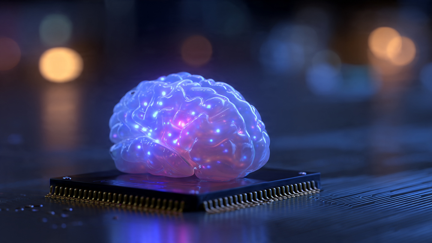 A translucent brain organoid glowing with bioluminescent activity, sitting on a multi-electrode array chip under soft blue laboratory lighting, photorealistic scientific photography
