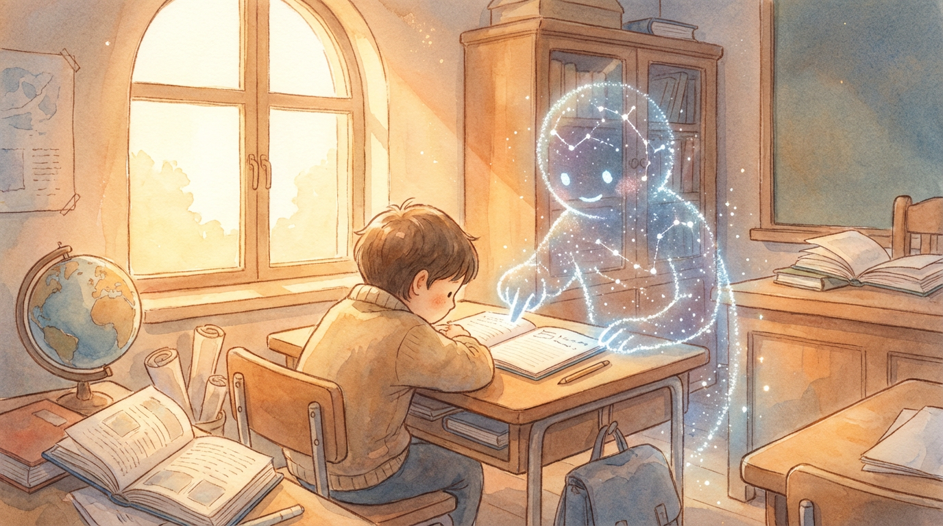 Watercolor illustration of a child studying at a desk with a glowing AI tutor figure made of constellations, warm golden light, books and globe nearby