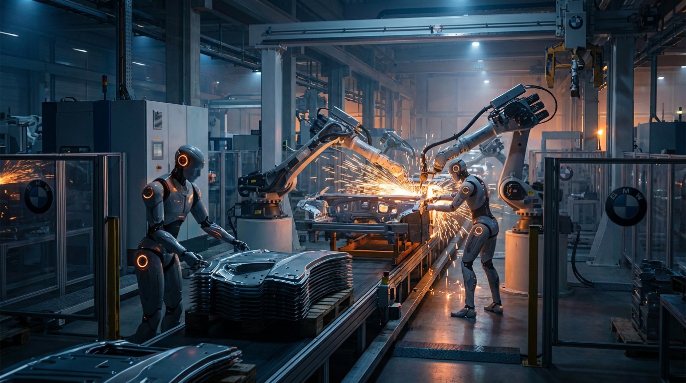 Humanoid robots working alongside welding machines on a dark automotive factory floor with orange sparks illuminating sheet metal parts