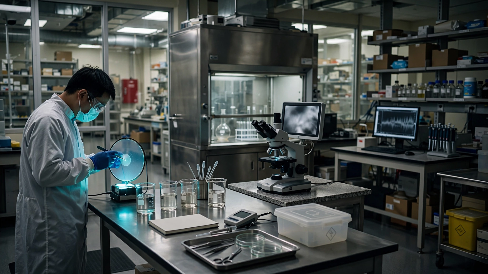 A researcher in a clean room examines a translucent nanotube membrane glowing under blue UV light in a materials science laboratory