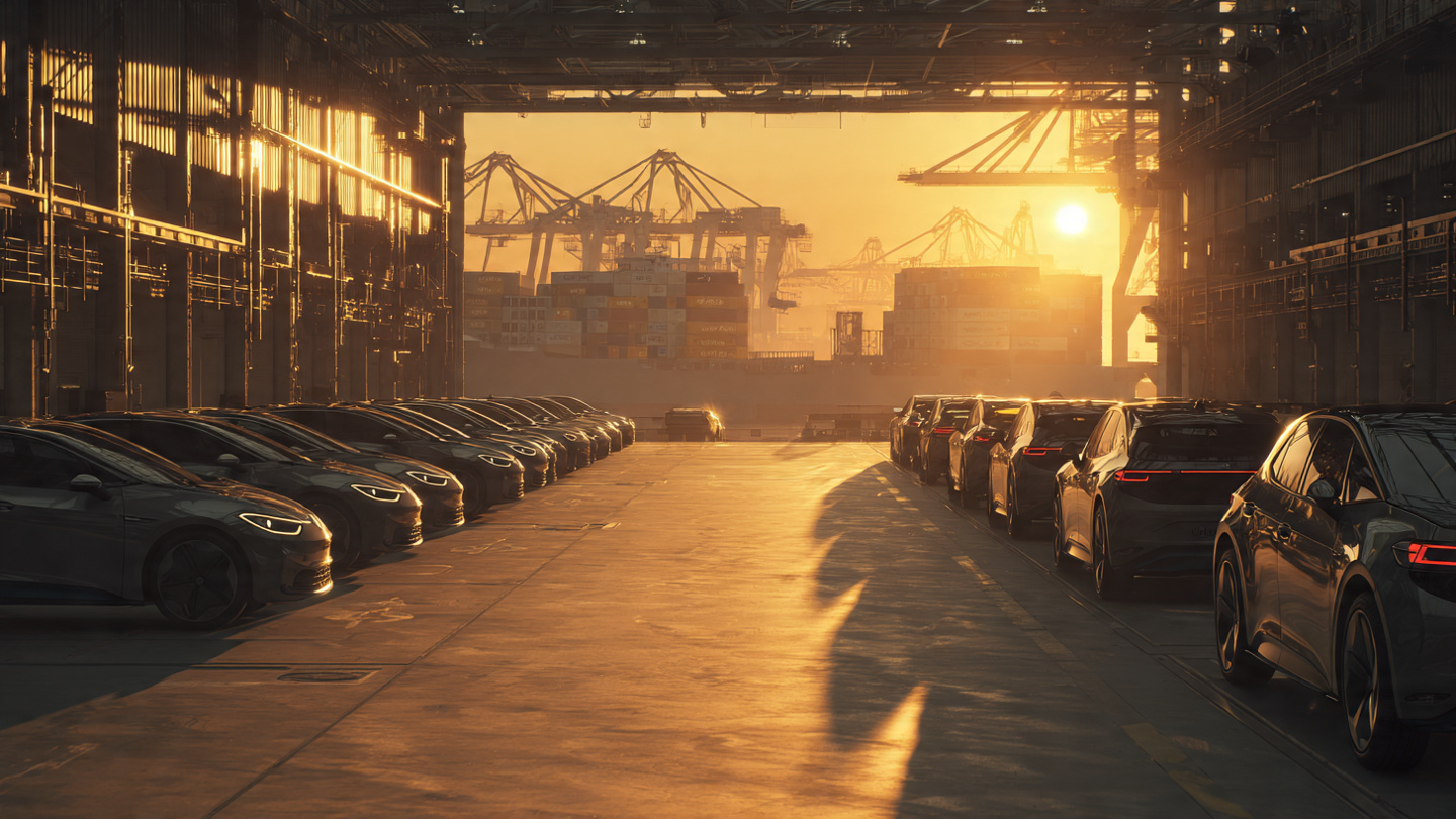 A vast modern automotive factory floor with rows of electric vehicles in production, container ships visible through floor-to-ceiling windows in the background, dramatic industrial lighting