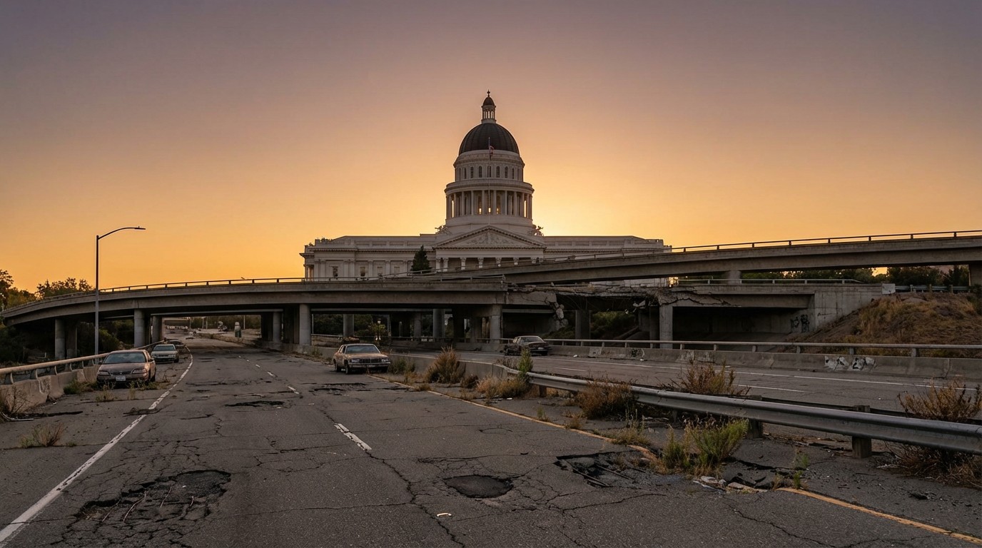 Sacramento Capitol building with budget documents and declining charts