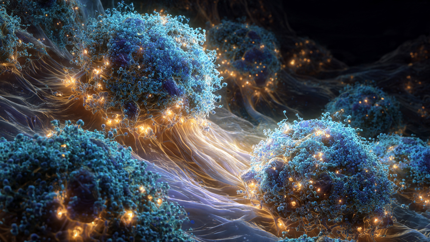 Scientific visualization of engineered CAR-T immune cells infiltrating and attacking a solid tumor mass, rendered in blue and gold bioluminescent tones
