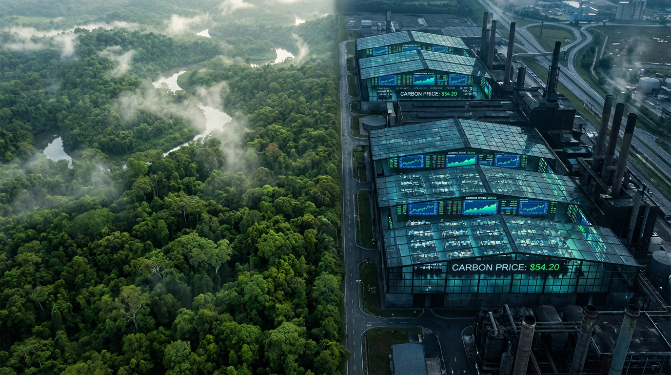 Industrial smokestacks with carbon trading overlay