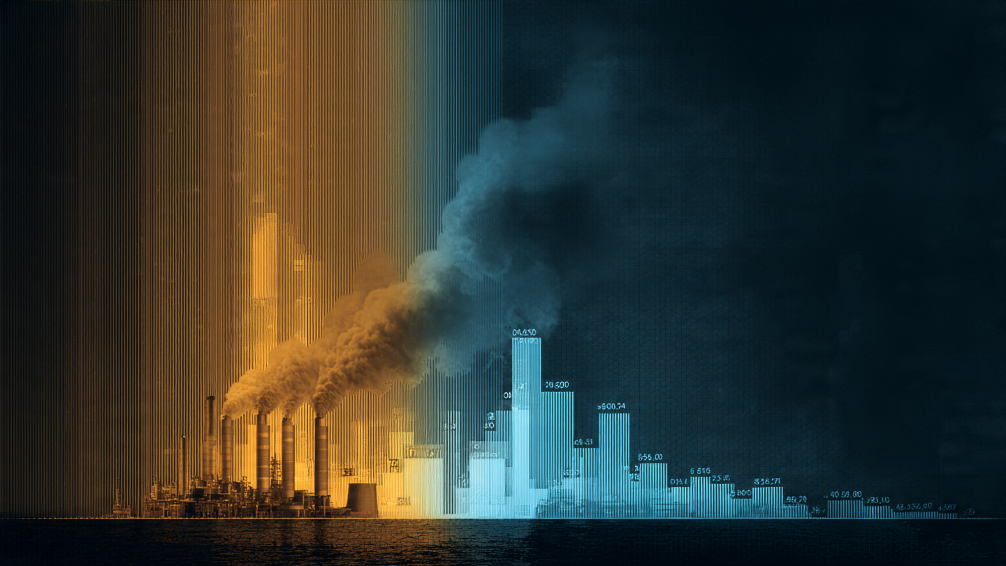 Massive industrial cooling towers dwarfing a tiny direct air capture unit, visualizing the scale mismatch between emissions and removal