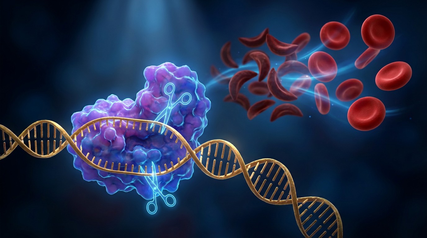 Molecular visualization of CRISPR-Cas9 editing DNA with red blood cells transforming from sickle to healthy shape against dark blue scientific background