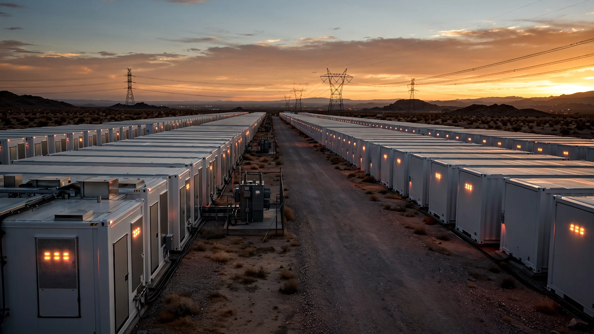A massive modular sodium-ion battery energy storage system in a utility-scale installation at dusk, with warm amber lighting reflecting off white container units