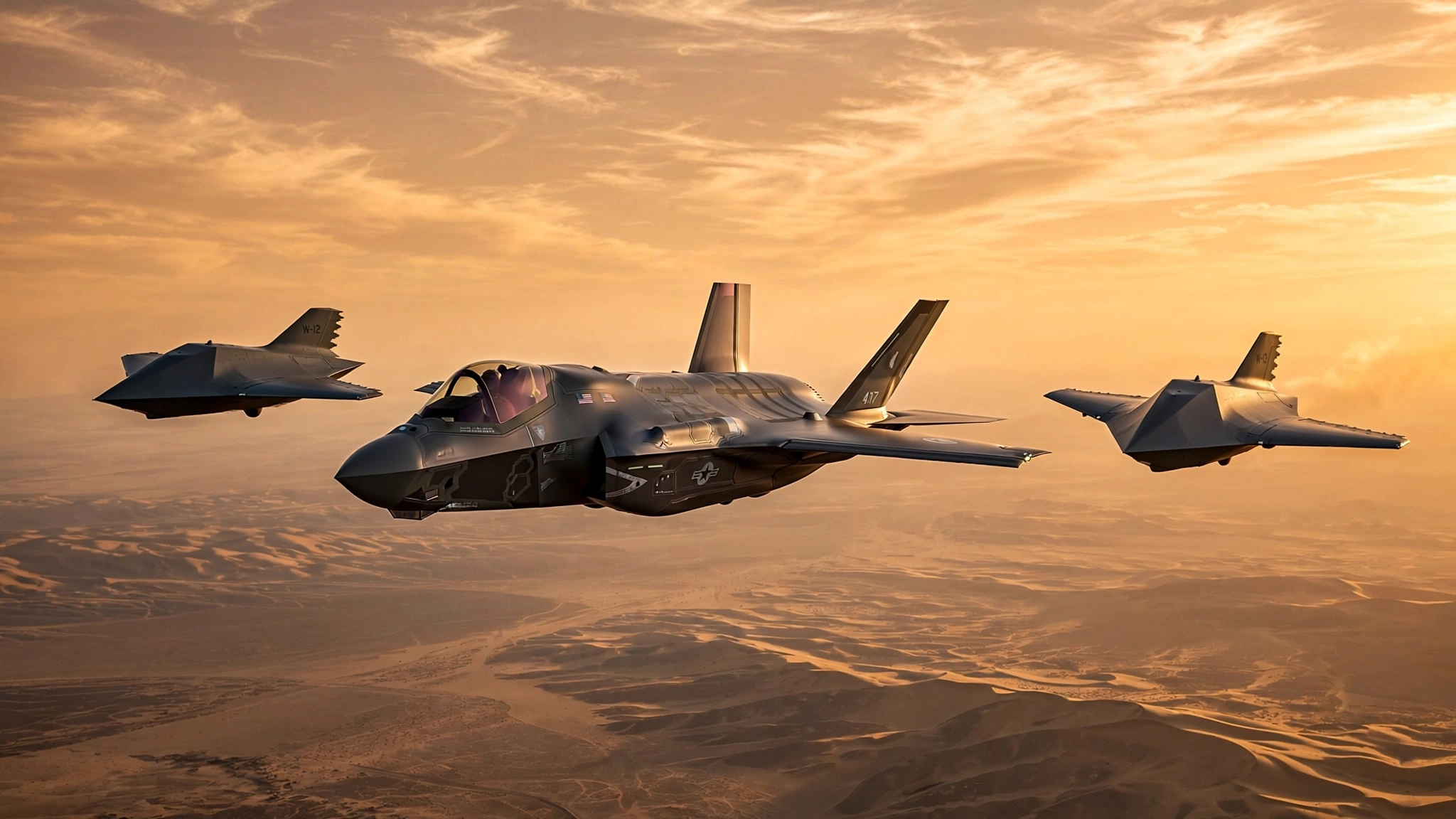 Two unmanned combat aircraft flying alongside an F-35 over a desert landscape at dusk