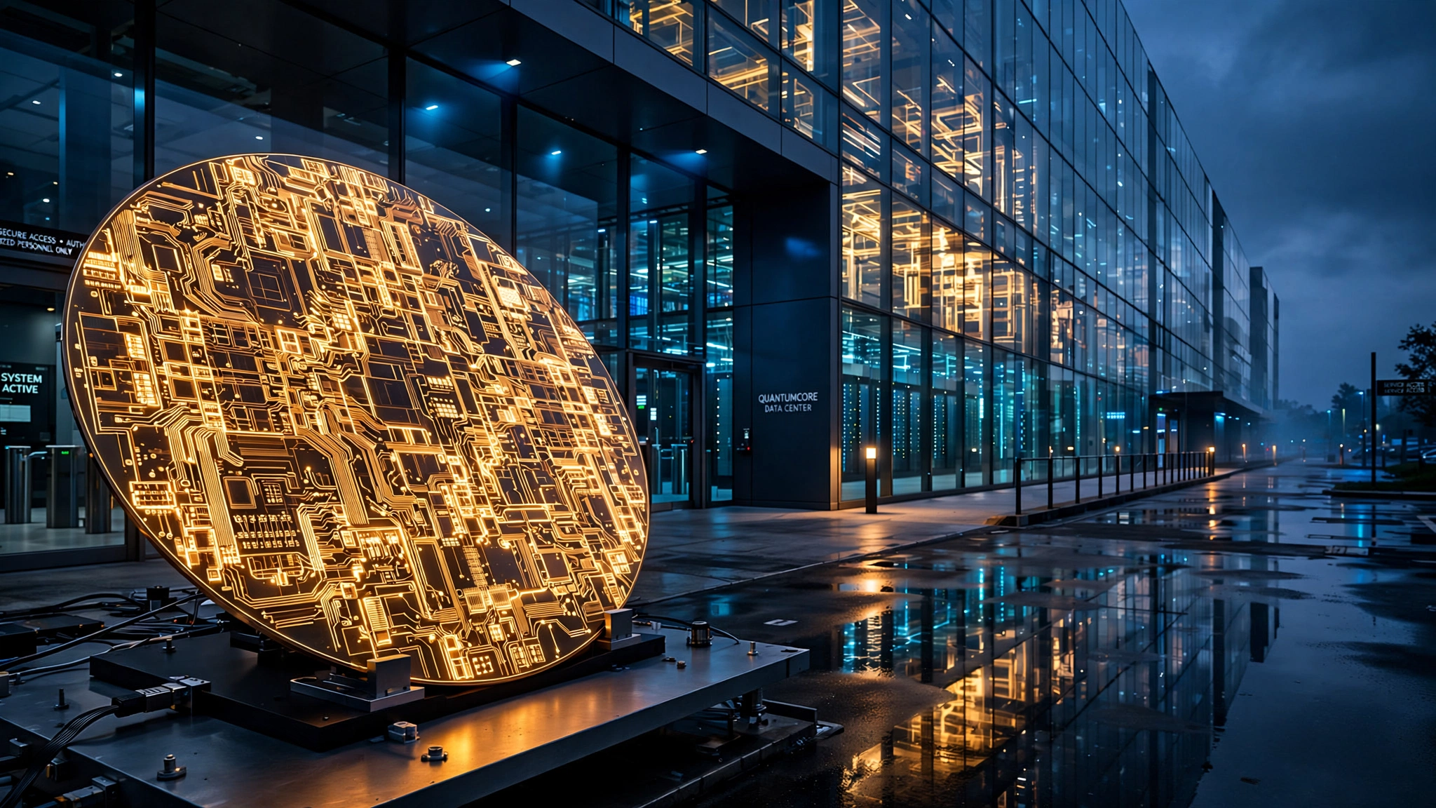 A massive silicon wafer glowing with circuitry, reflected in the glass facade of a data center stretching into the distance