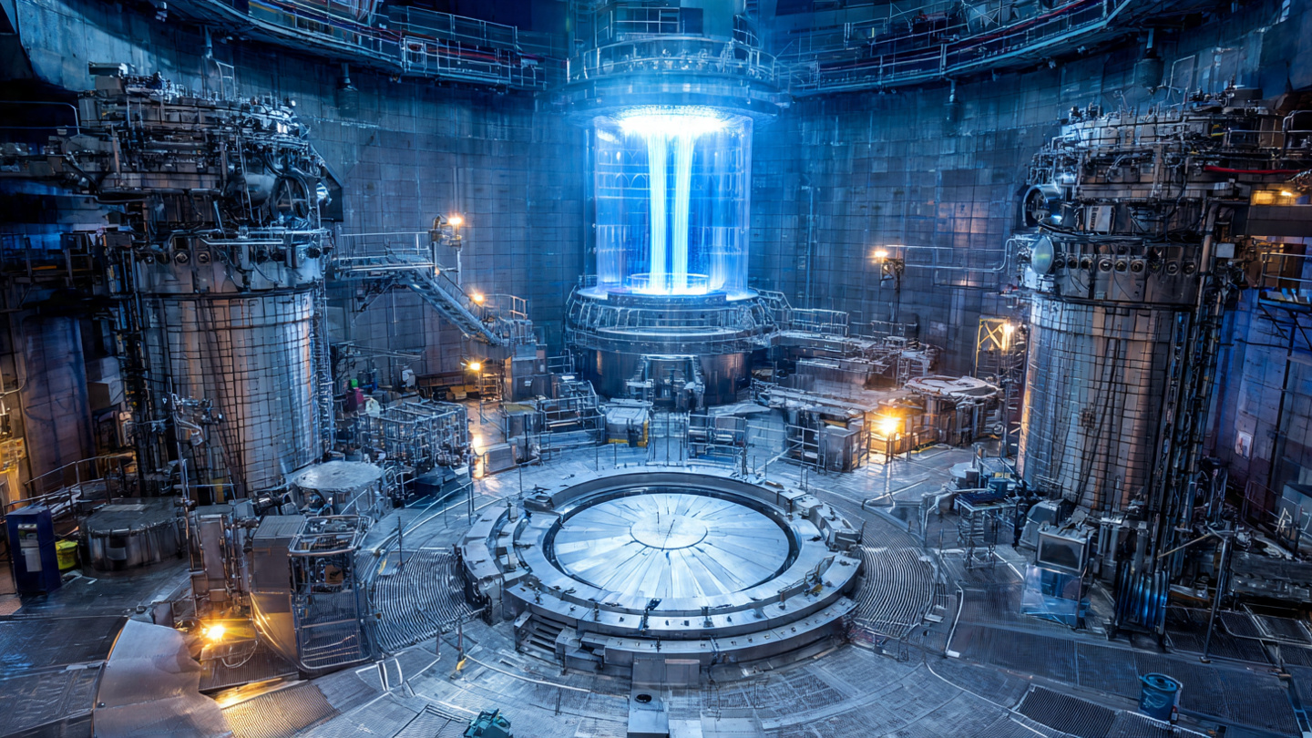 Interior of a tokamak fusion reactor glowing with blue-white plasma, power transmission infrastructure visible in the background