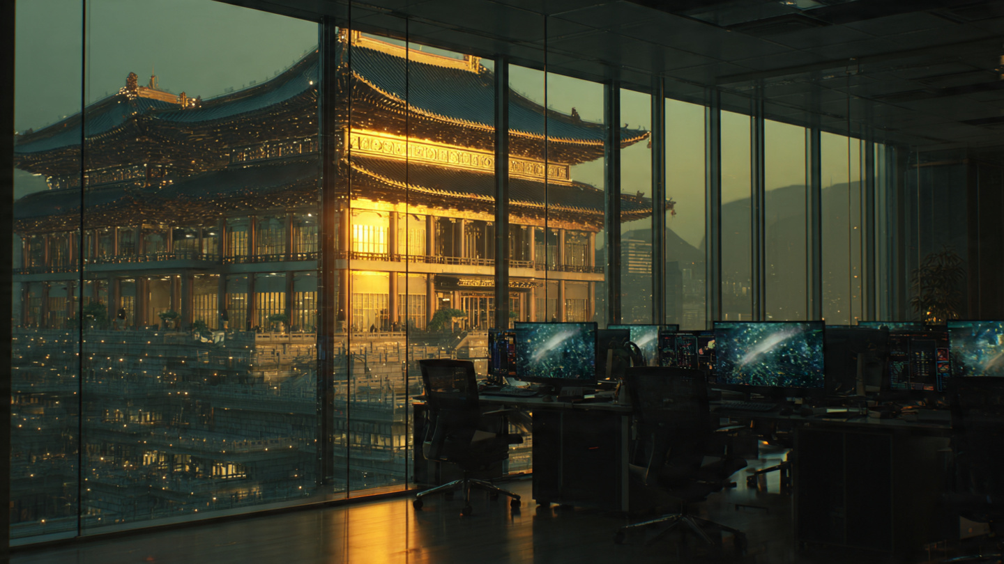 Split scene: a warmly lit Chinese courthouse on one side, an abandoned corporate office with empty chairs and glowing screens on the other, separated by a digital divide