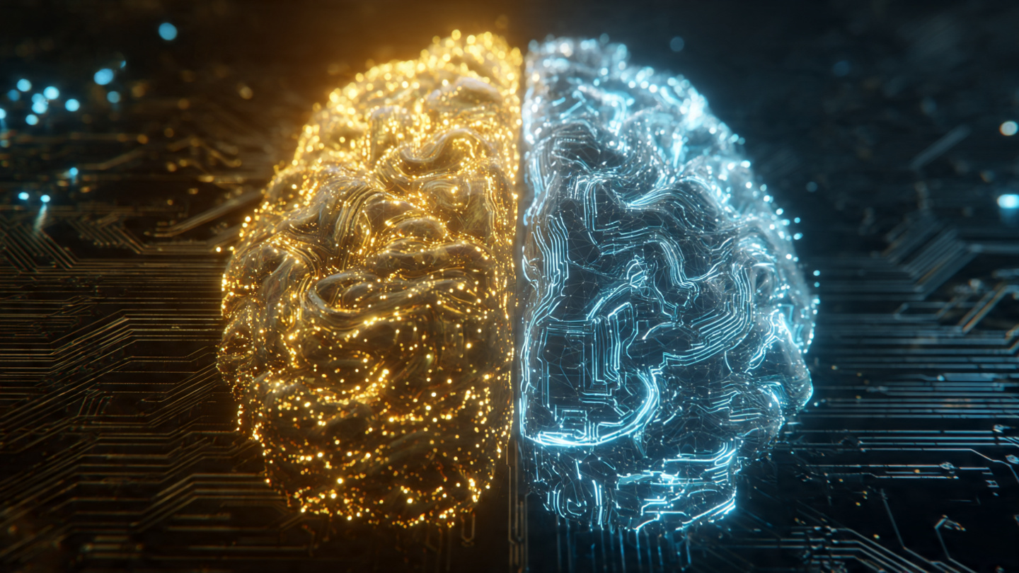 Abstract visualization of brain neural pathways with circuit board patterns showing East and West hemispheres