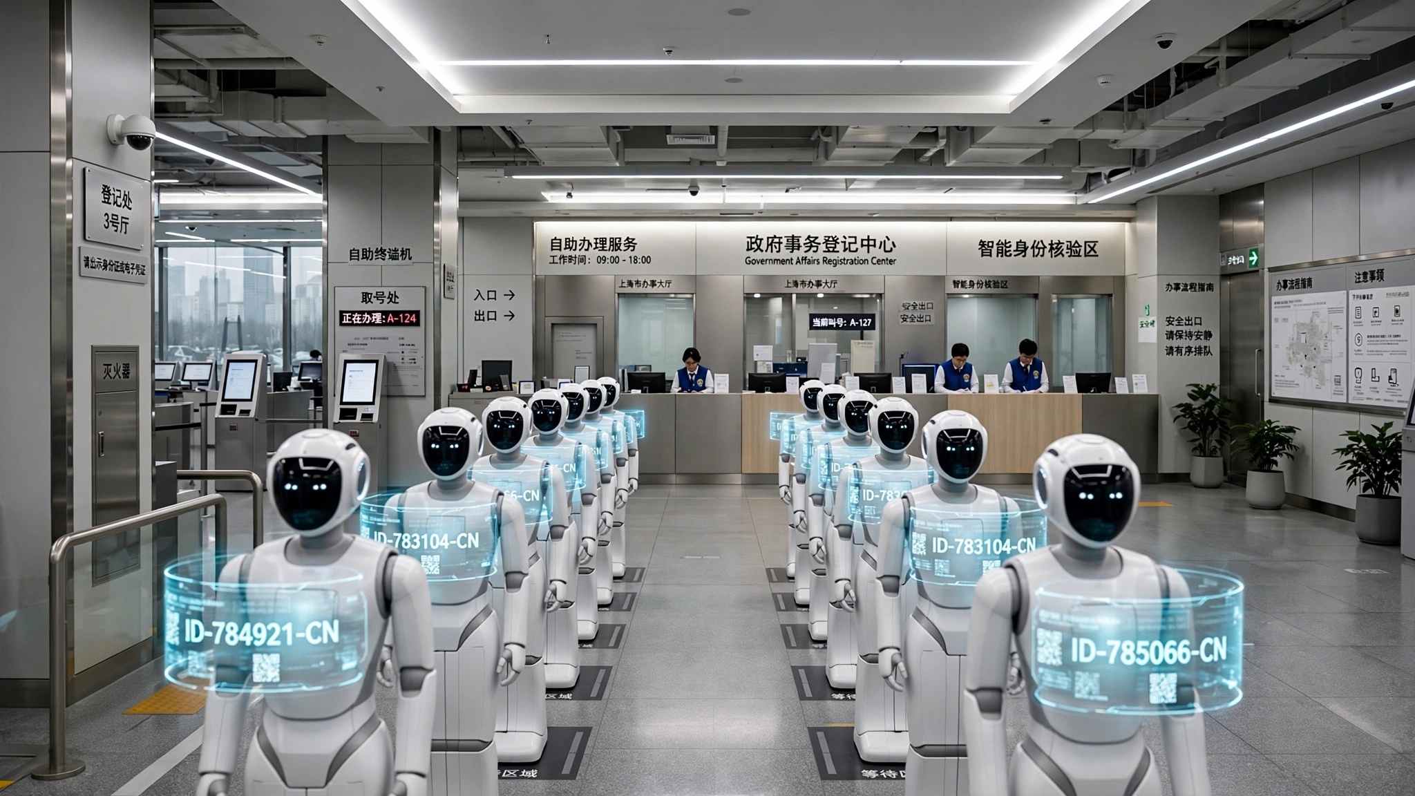 Rows of humanoid robots in a registration facility with digital ID codes overlaid