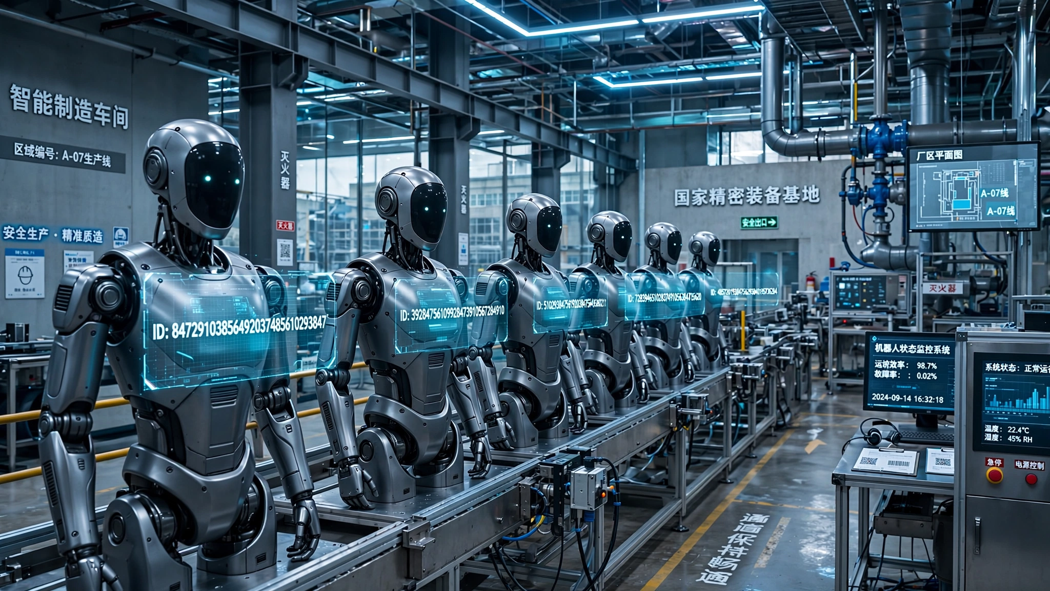 An abstract visualization of a humanoid robot silhouette overlaid with rows of digital identification codes, set against an industrial manufacturing backdrop