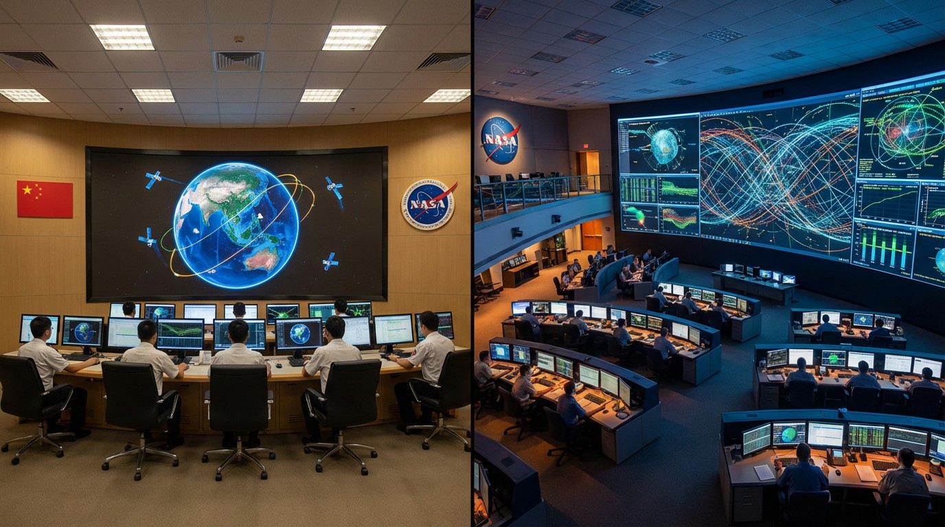 Split view of satellite control rooms showing the scale difference between China's nascent constellation and SpaceX's massive Starlink network