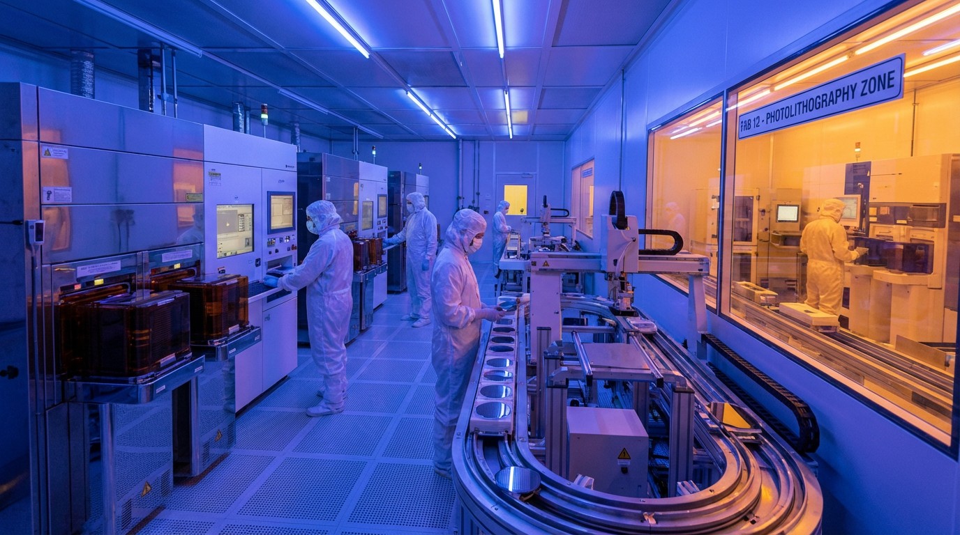 Semiconductor fabrication facility in Arizona with clean room equipment and wafer processing machinery under blue UV lighting