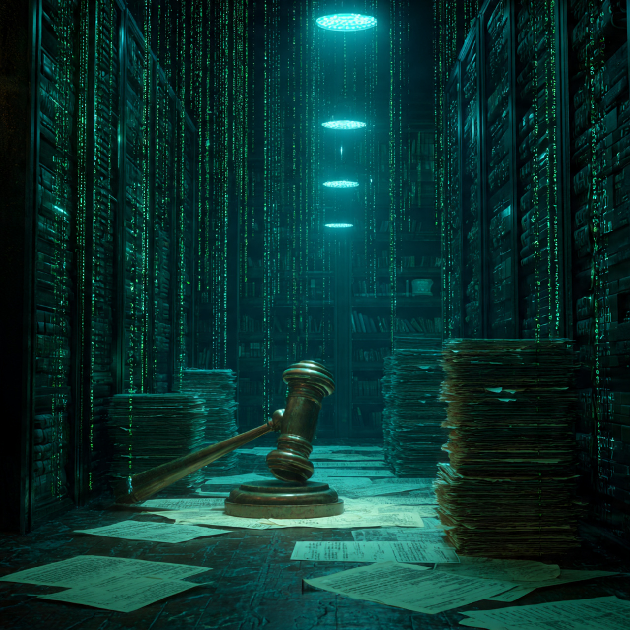 Code flowing out of a broken container while a hand reaches for legal papers