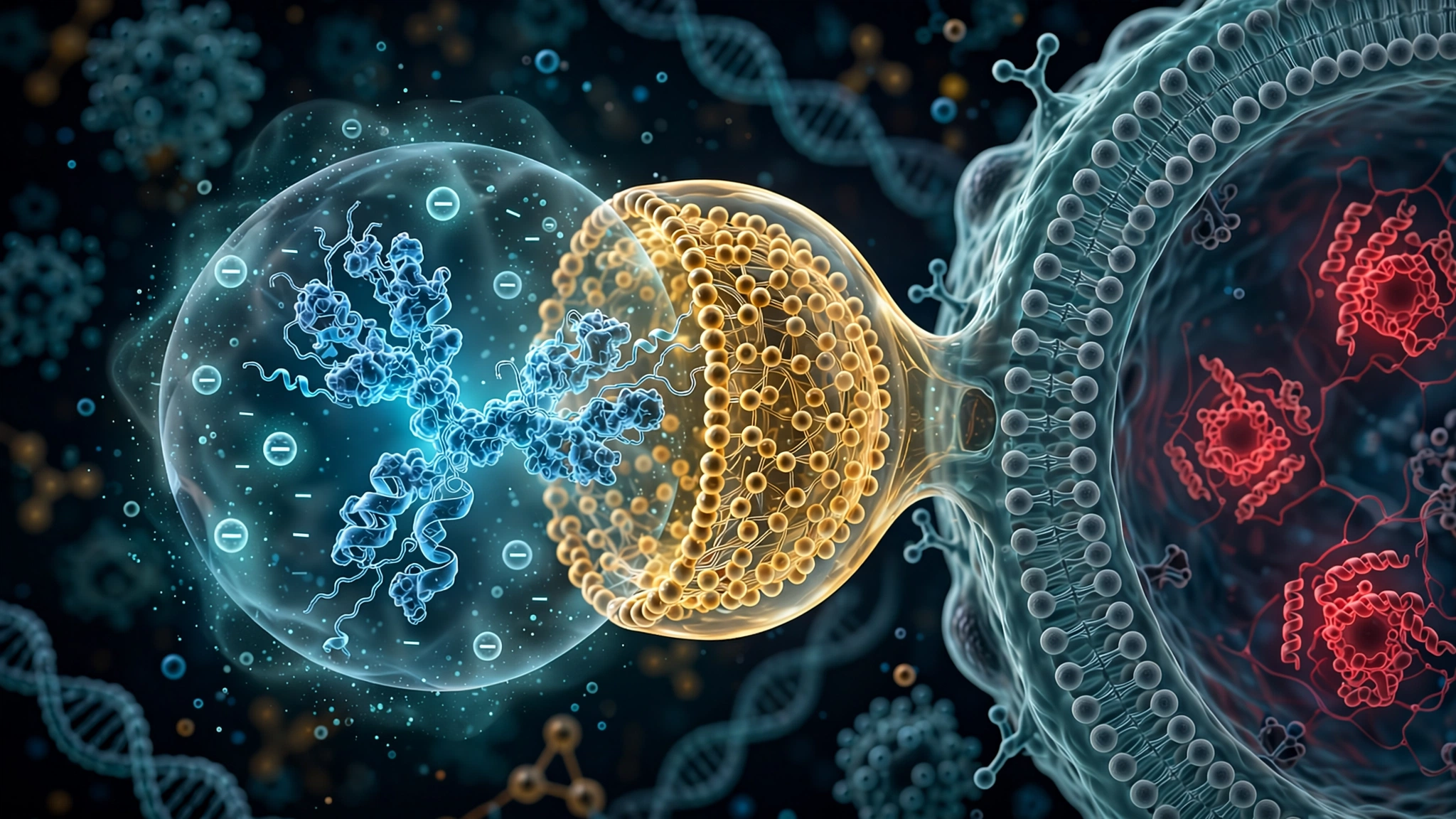 Conceptual illustration of cloaked antibody proteins entering a living cell via lipid nanoparticle delivery