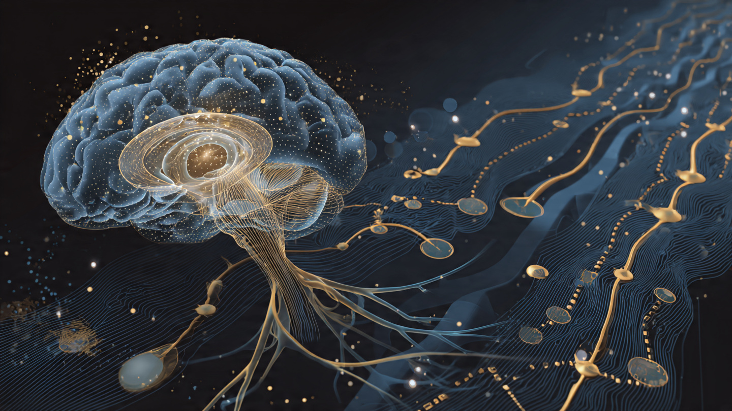 Abstract visualization of human silhouette with glowing neural pathways and biochemical molecule structures flowing through the body