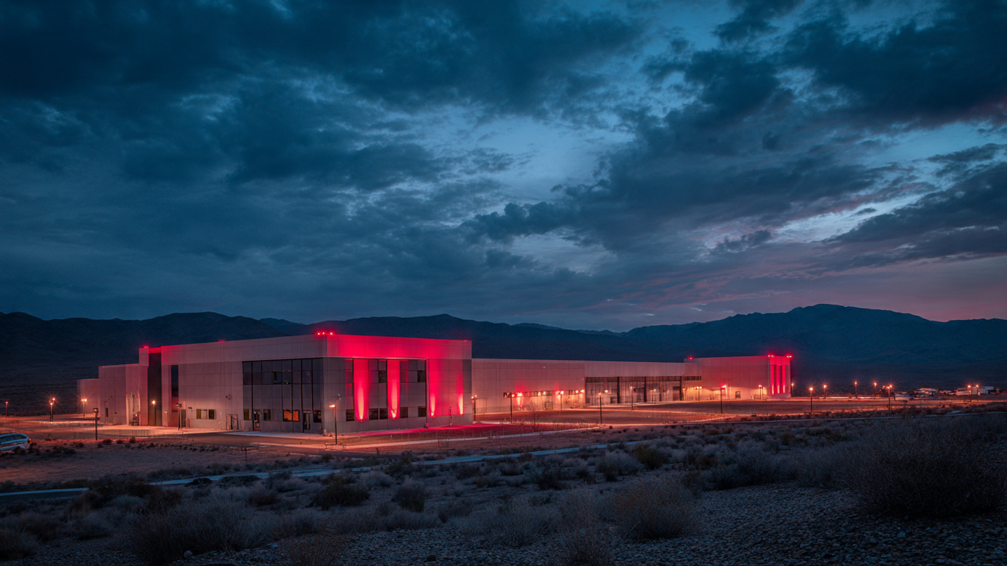 Data center facility damaged by drone strike at night with emergency lighting and smoke