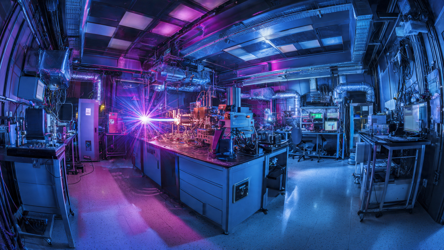 A compact laser-plasma accelerator system in a laboratory, intense blue laser light illuminating an undulator chamber with diagnostic equipment surrounding a table-sized apparatus