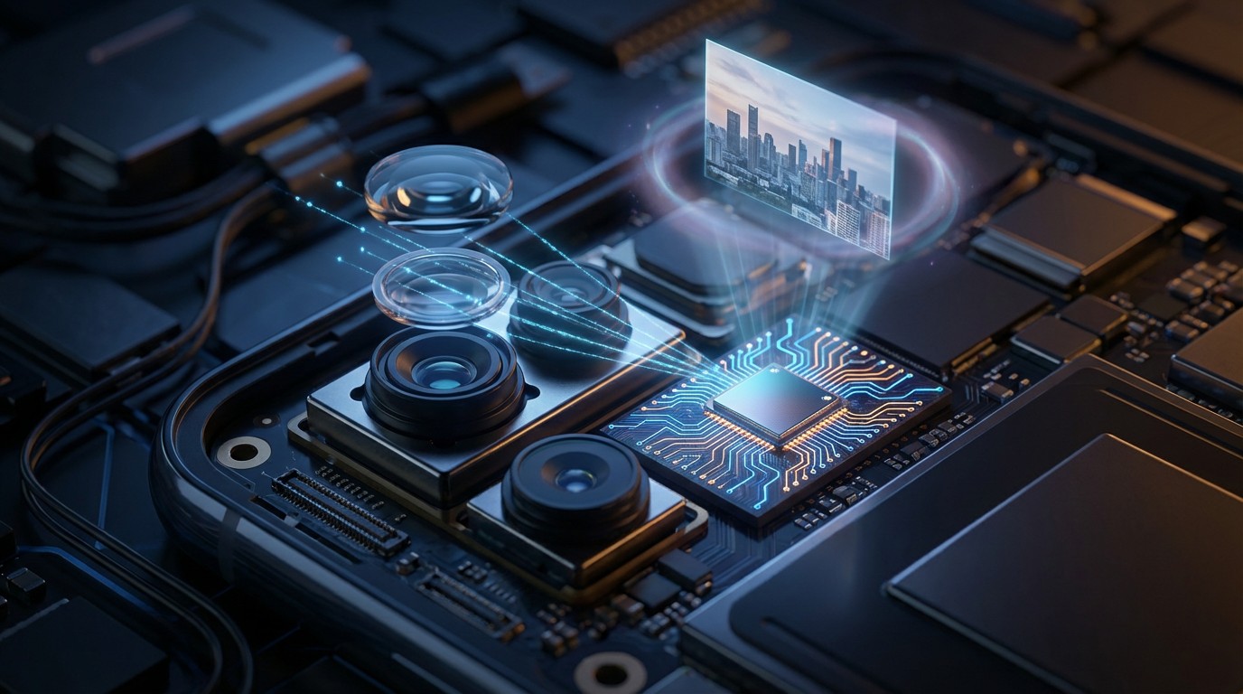 Close-up of smartphone camera module with neural network pathways overlaid on ISP chip