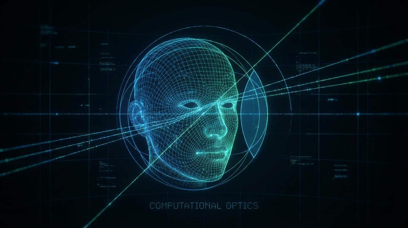 A translucent 3D wireframe of a human face overlaid with geometric lens curves and ray-tracing lines, floating against a dark minimalist background