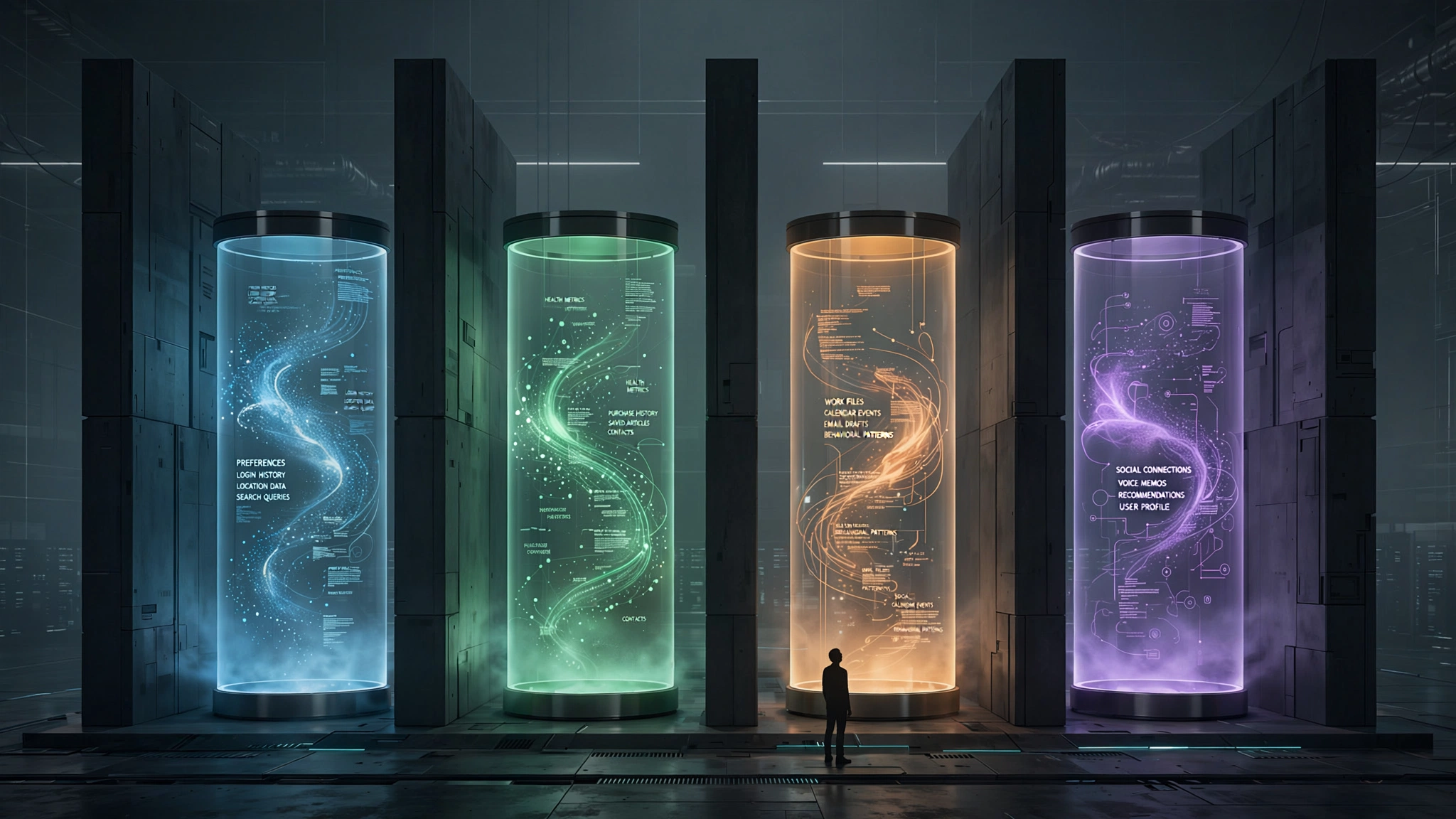 Four glowing translucent memory vaults containing swirling personal data, each branded with a different AI assistant logo, separated by thick opaque walls