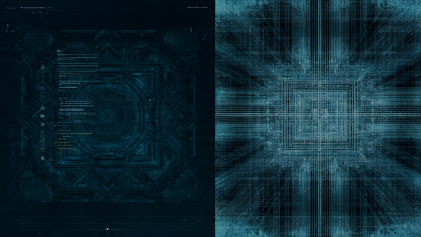 Two parallel neural pathways converging into identical architectural blueprints