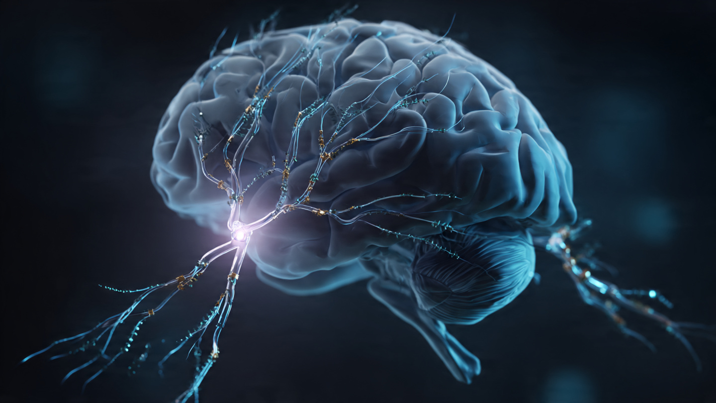 Abstract visualization of neural interface technology for stroke rehabilitation, showing electrical signal pathways connecting brain regions