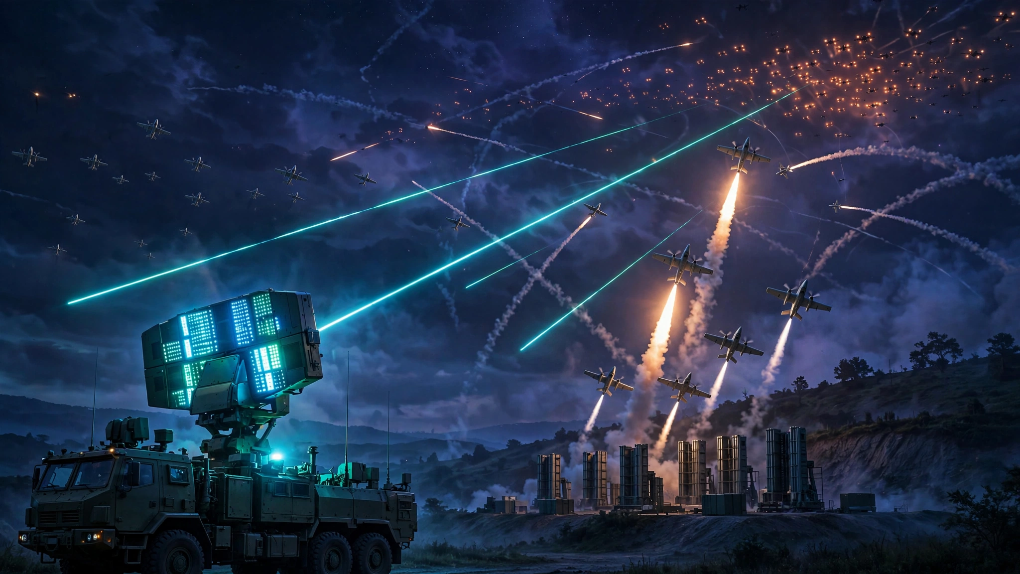 Layered counter-drone defense systems engaging hostile drones over a military installation at night