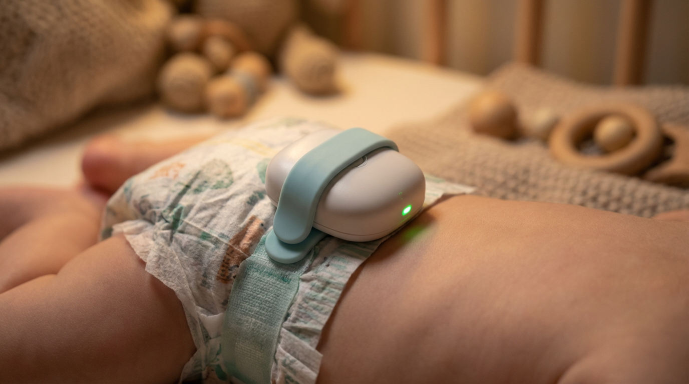 A small electronic sensor clipped near a baby onesie waistband in soft nursery lighting