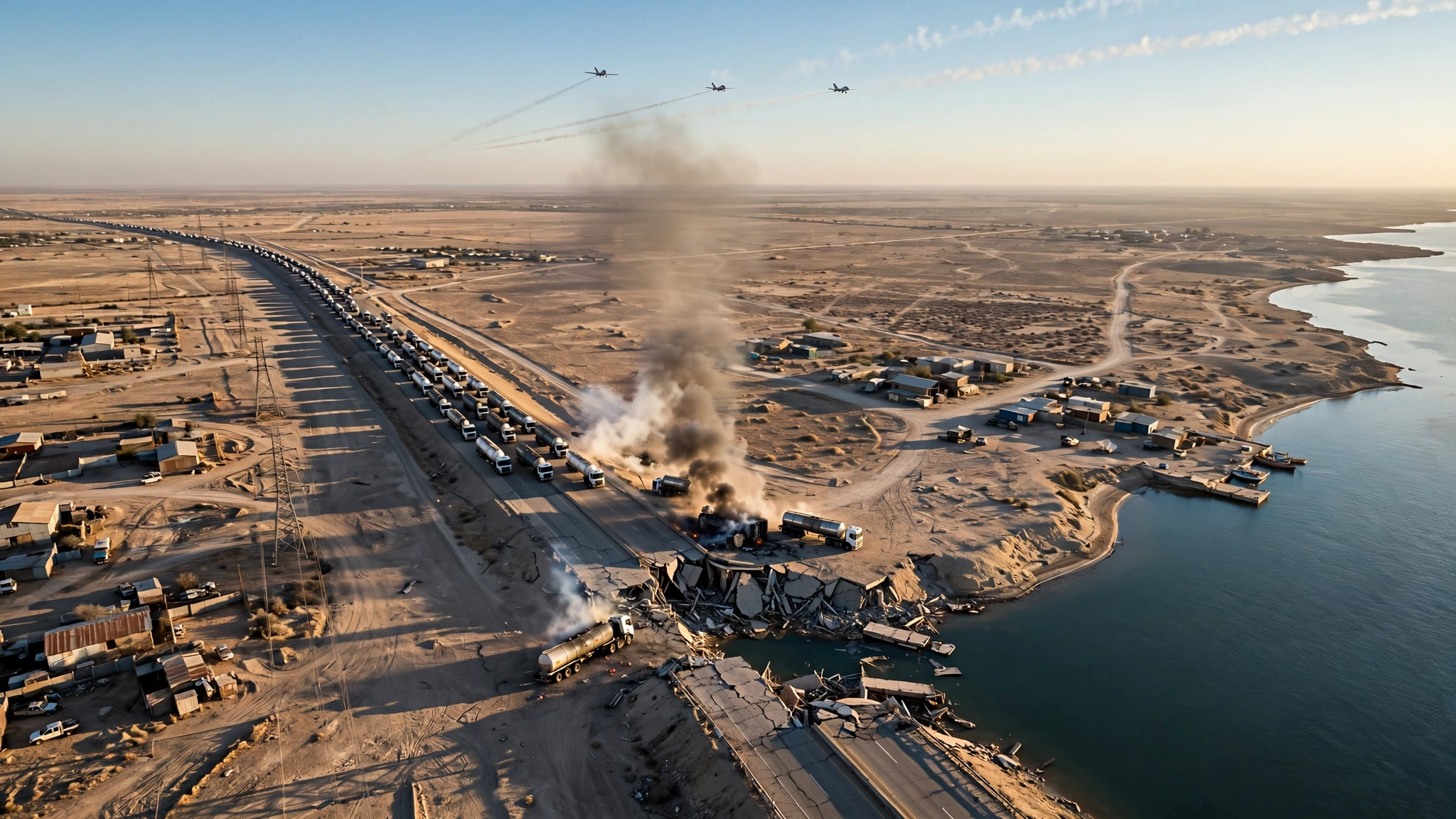Aerial view of a fuel convoy halted on a damaged bridge approach leading to a peninsula, with drone contrails visible in the sky above