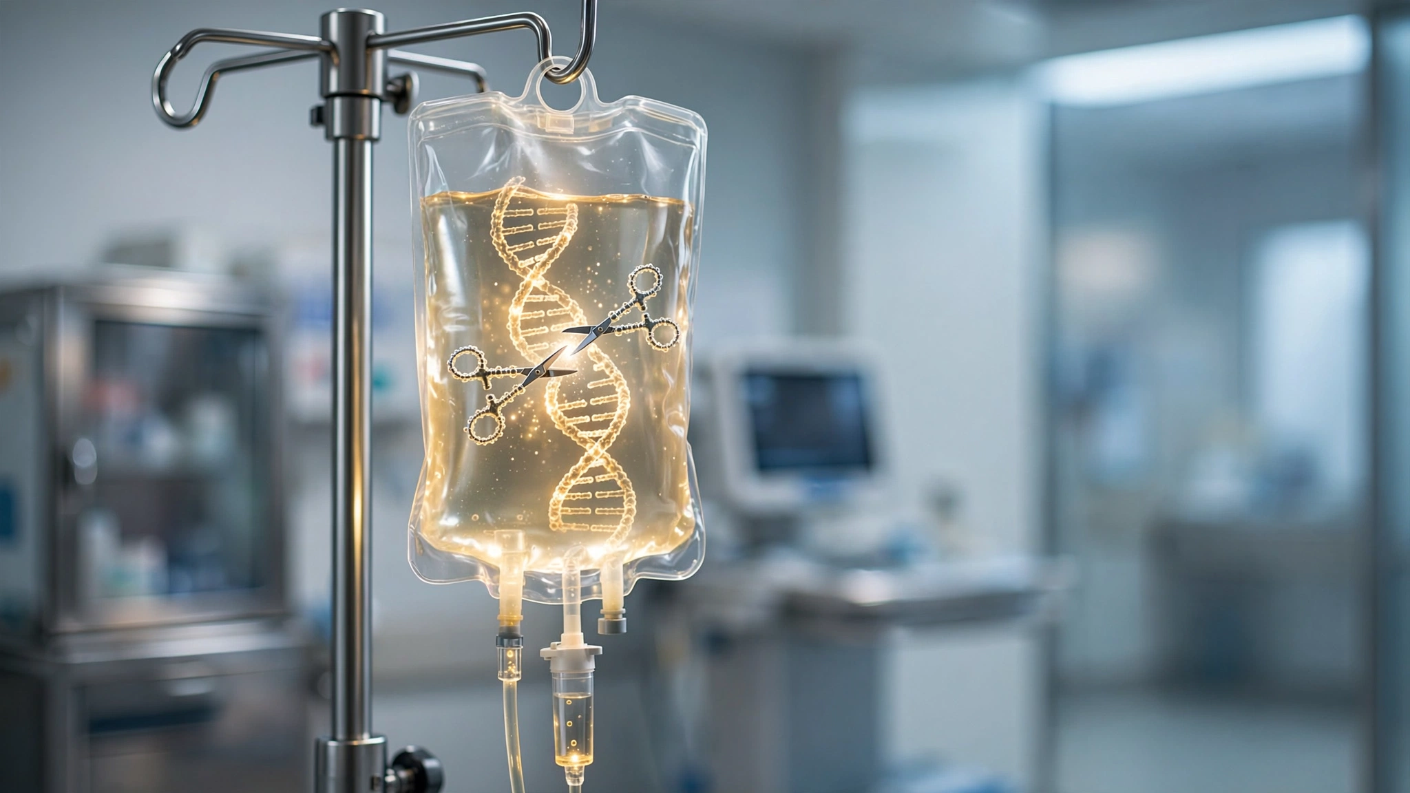 An IV drip bag glowing with bioluminescent light contains visible DNA strands being cut by CRISPR molecular scissors in a modern clinical setting