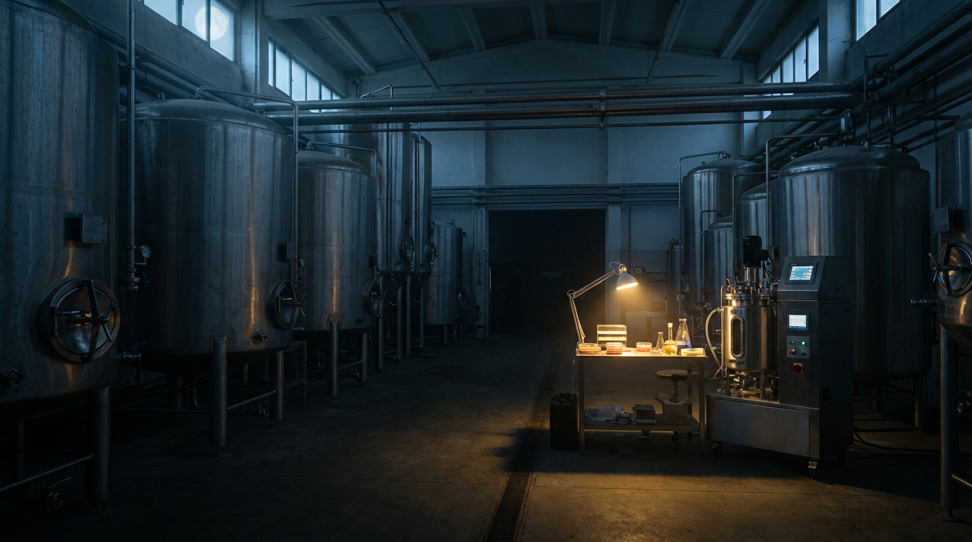 Vast dark industrial bioreactor factory floor with a single small lit laboratory bench in the corner