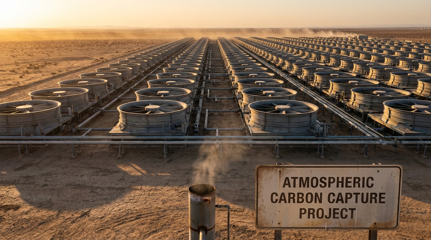 Industrial direct air capture facility with rows of large fan units in a barren landscape, with a tiny pile of carbon pellets visible in the foreground