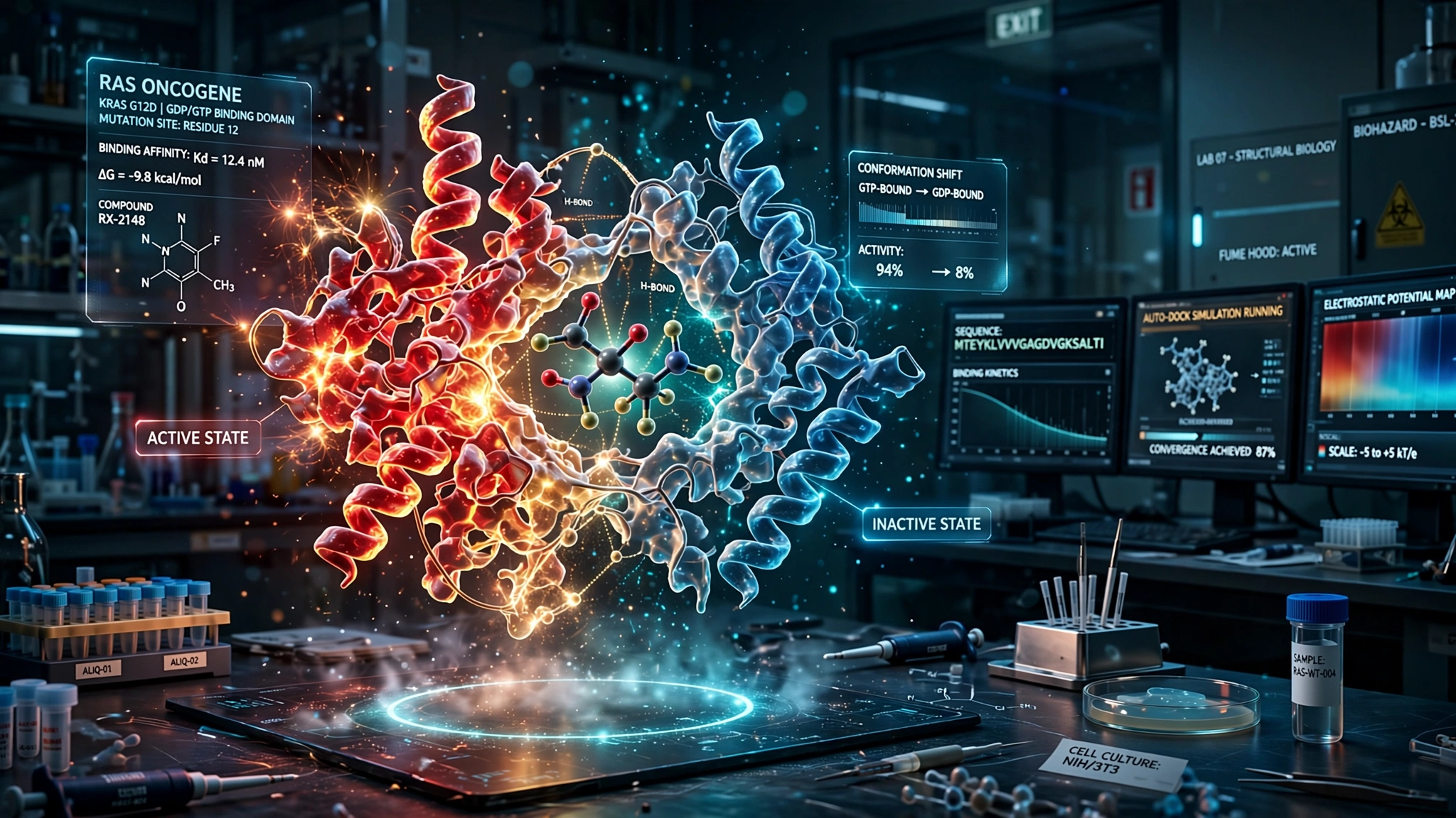 Scientific visualization of a small molecule drug binding to and deactivating a glowing RAS protein, transitioning from active red-gold to inactive blue conformation