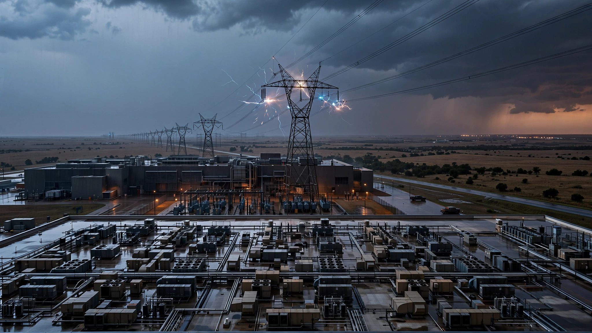 Data center campus with stressed electrical transmission infrastructure at twilight