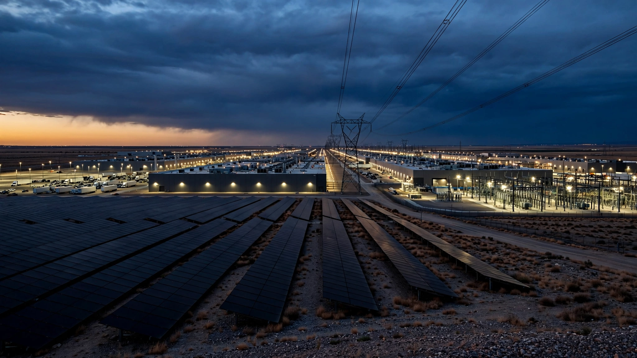 Aerial view of a massive data center campus at twilight next to darkened solar panels, with power transmission lines stretching toward the horizon