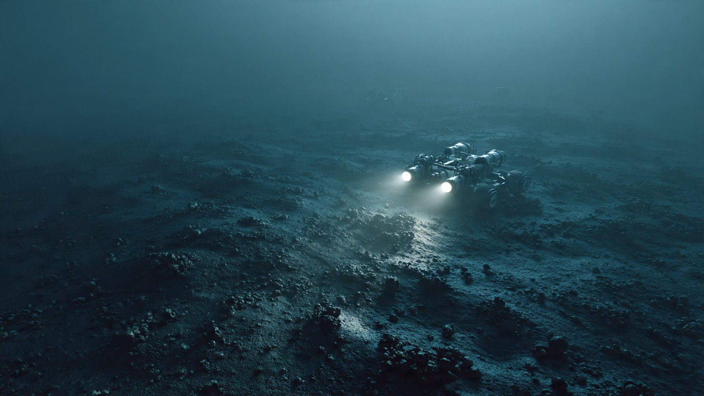 Dark deep ocean floor covered in polymetallic nodules with a distant robotic mining collector illuminated by floodlights