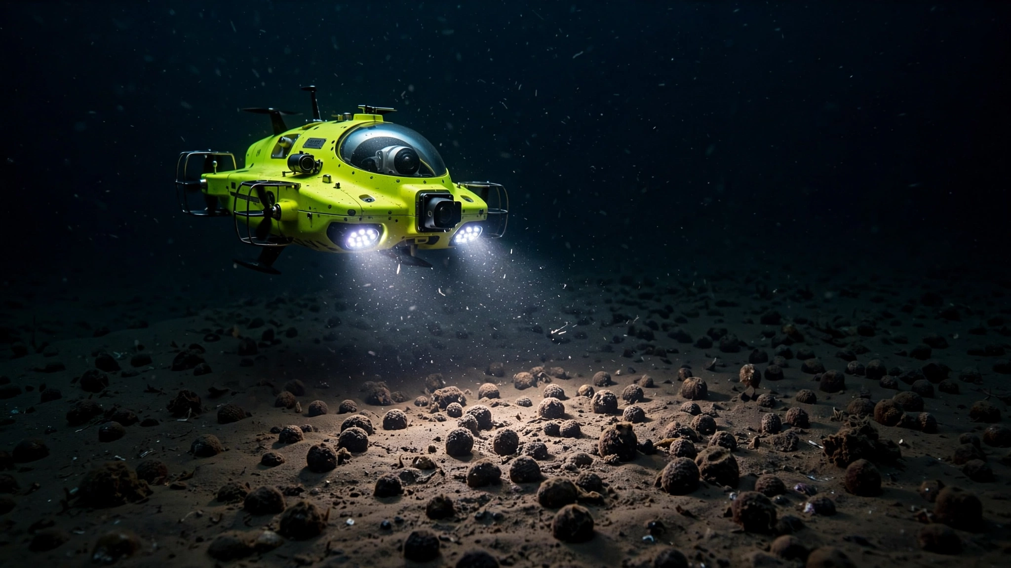 A small autonomous underwater vehicle illuminated against the vast darkness of the abyssal ocean floor, polymetallic nodules visible in the sediment below