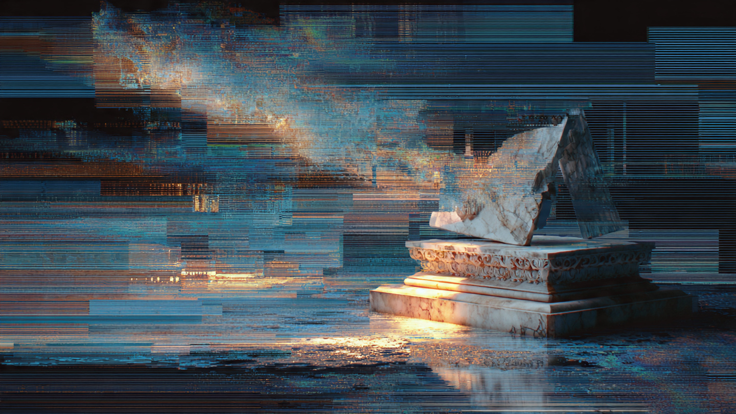 A ballot box with digital distortion and algorithmic patterns overlaid on a capitol building